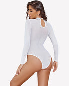 Sheer rhinestone bodysuit in white with long sleeves and back keyhole cutout
