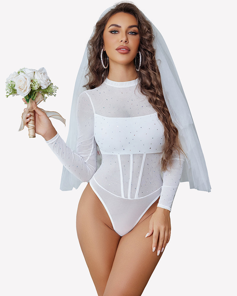 Sheer rhinestone bodysuit in white with long sleeves, high neck, corset seams