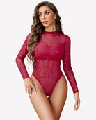 Sheer rhinestone bodysuit in wine red with long sleeves and corset-style panel