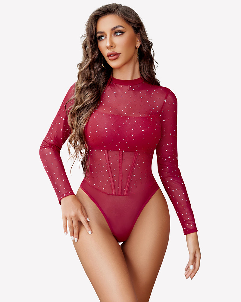 Sheer rhinestone bodysuit in wine red with long sleeves and corset-style panel