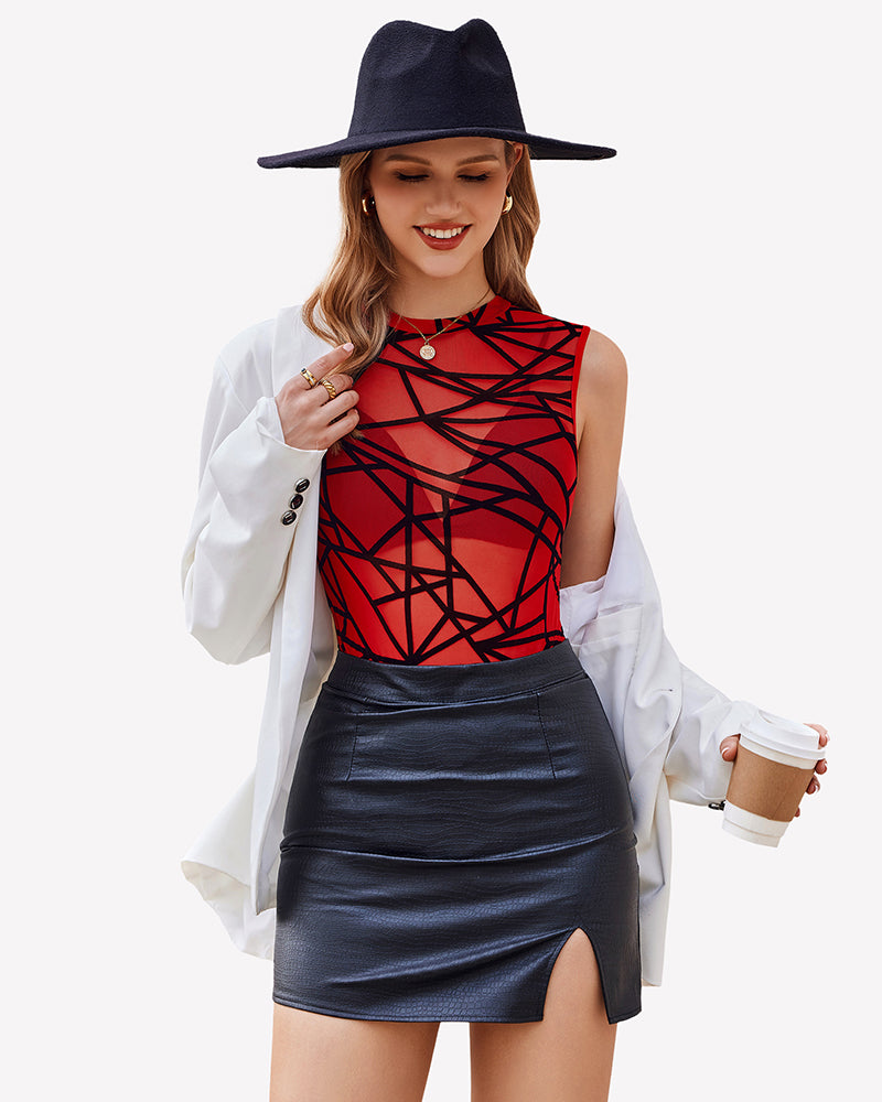 Red geometric mesh sleeveless bodysuit with high neckline and thong legs