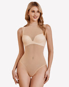 Nude/beige mesh sleeveless bodysuit with high neckline and thong legs