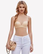 Nude/beige mesh sleeveless bodysuit with underwire-style cups and thong legs