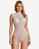 Light nude sheer mesh sleeveless bodysuit with white molded cup panels