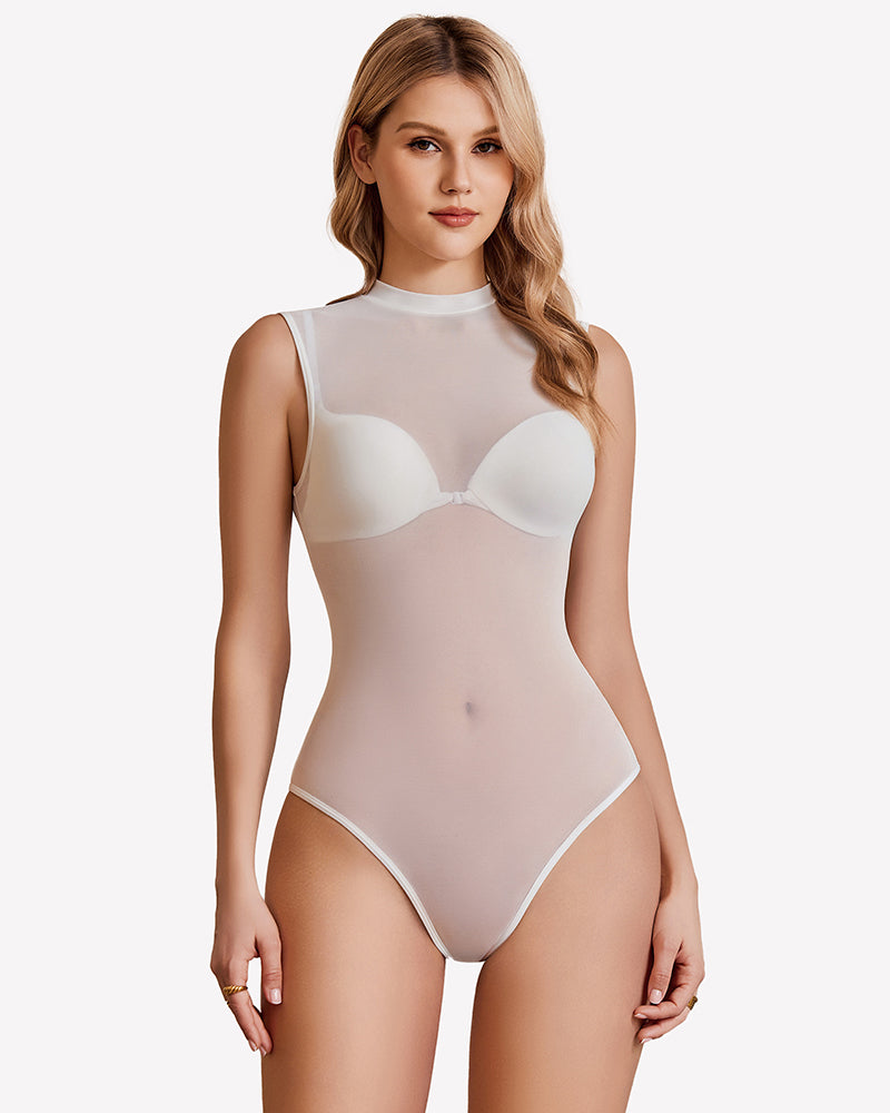 Light nude sheer mesh sleeveless bodysuit with white molded cup panels