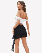 Black lace mini skirt with asymmetrical ruffle hem and draped side panel