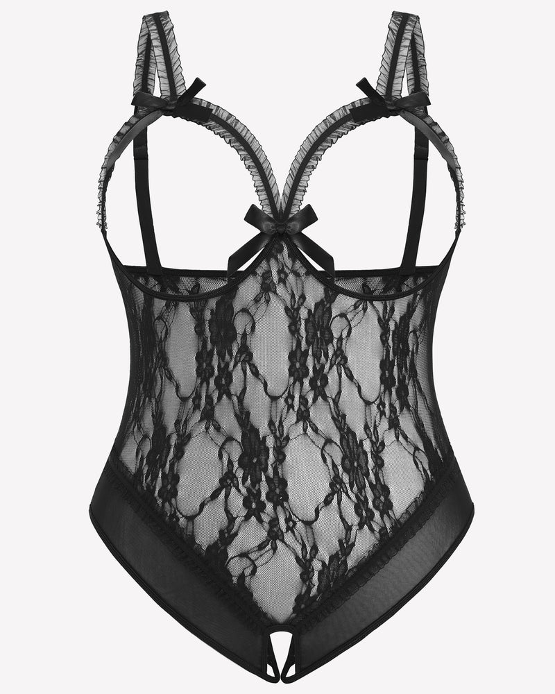 Black lace crotchless teddy with bow garters and open crotch