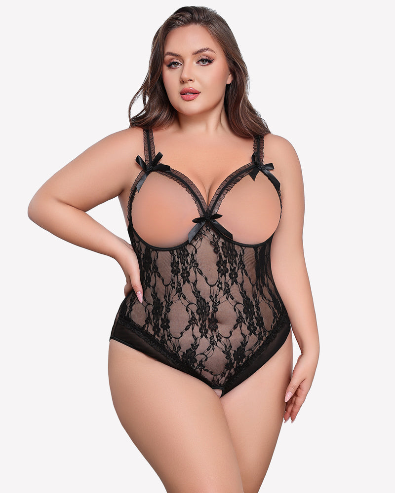 Black lace crotchless teddy with garter straps and bow accents