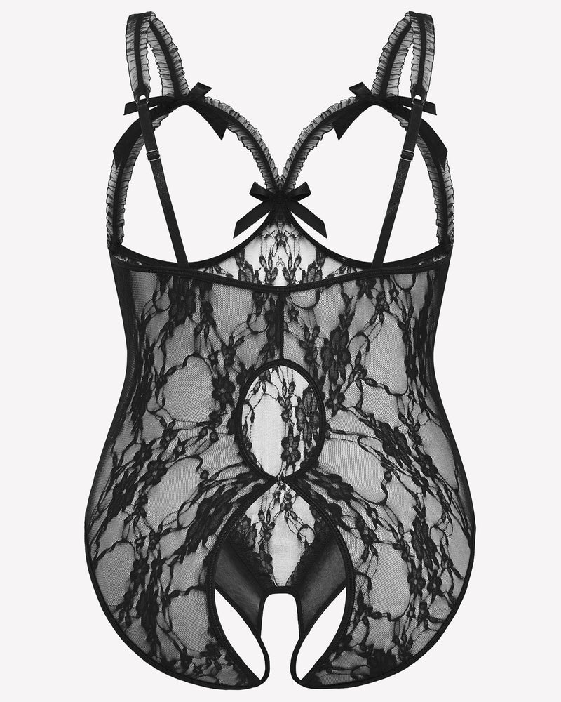 Black lace crotchless teddy with open front and harness-style straps