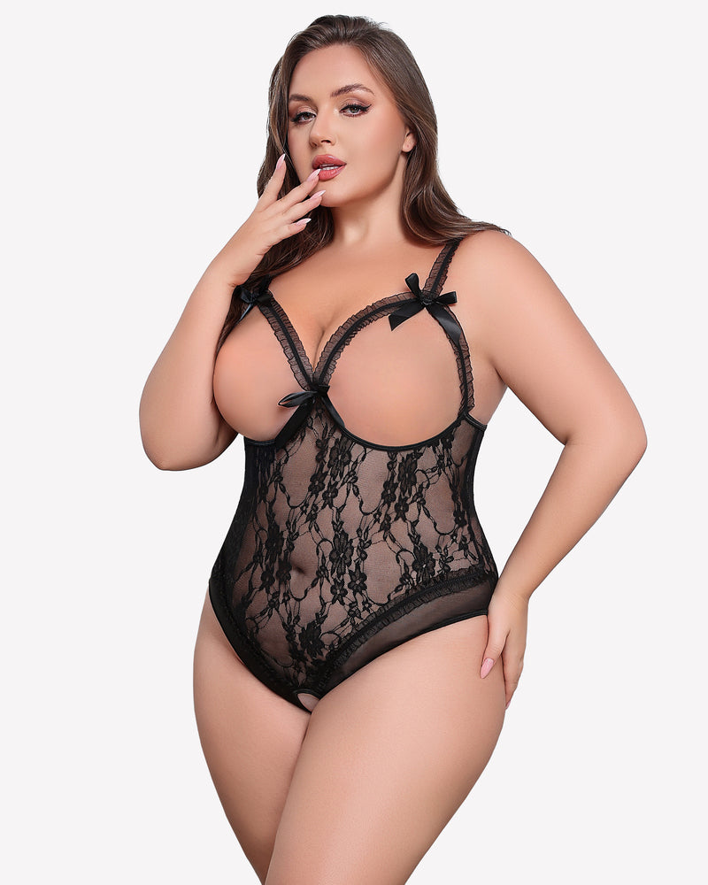 Black lace crotchless teddy with front bow and scalloped cups