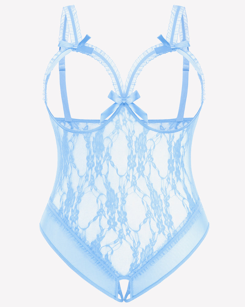 Light blue lace crotchless teddy with bow garter straps front view
