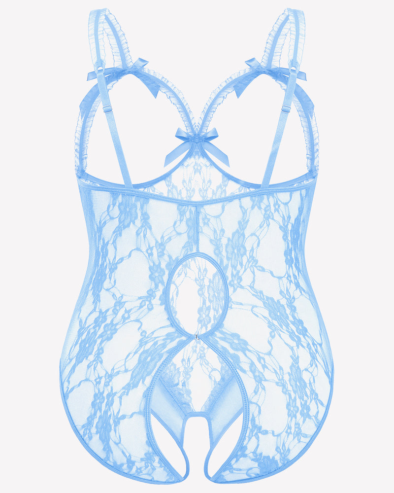 Light blue lace crotchless teddy with scalloped cups and ribbon back straps
