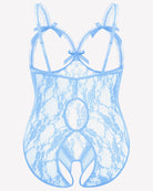 Light blue lace crotchless teddy with scalloped cups and ribbon back straps