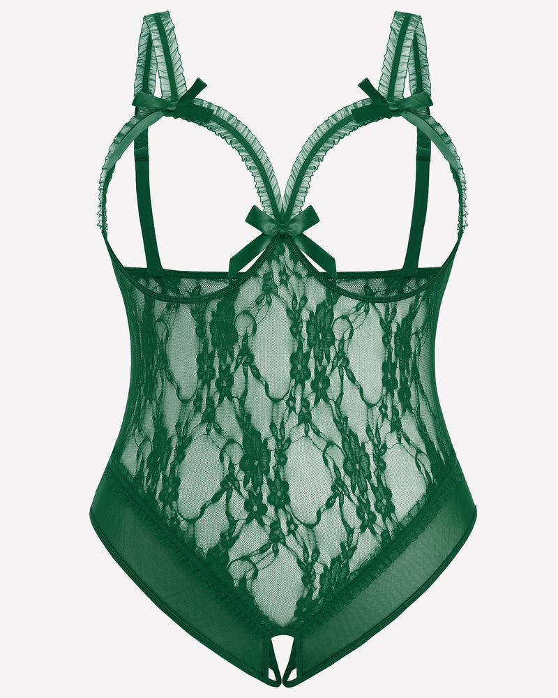 Green lace crotchless teddy with bow straps, open oval center panel, and scalloped hem