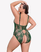 Green lace crotchless teddy with lace back panel and oval cutout