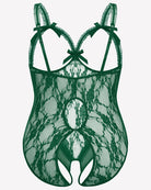 Green lace crotchless teddy with ribbon bows, oval crotch opening, and mesh lace overlay