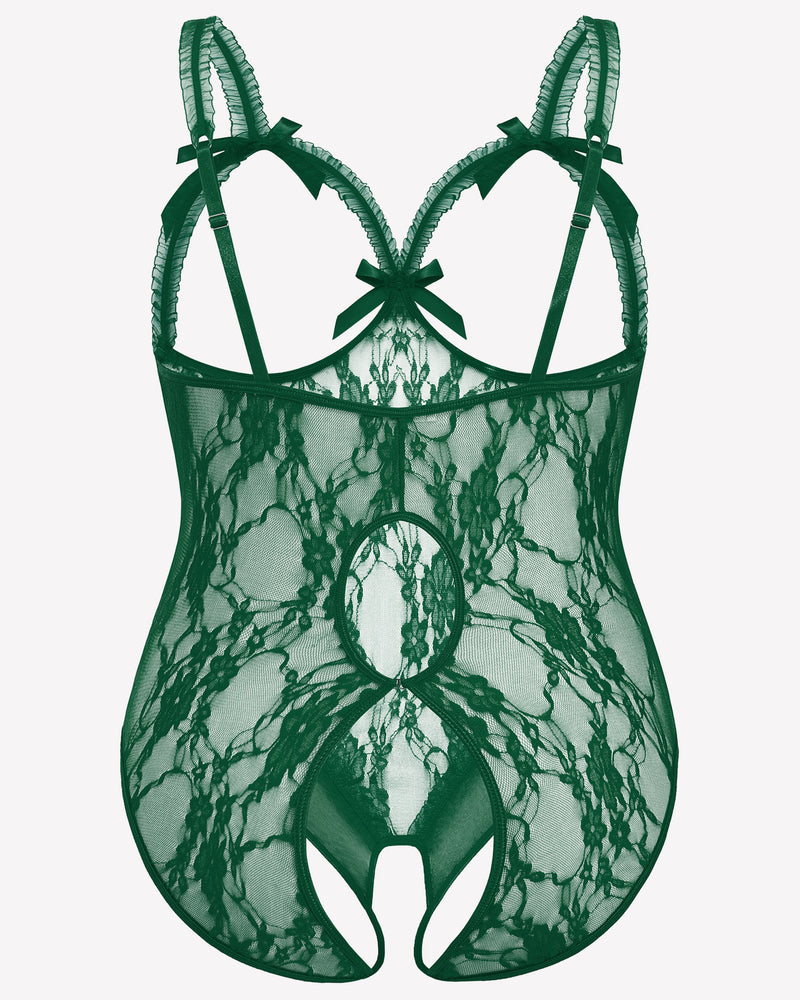 Green lace crotchless teddy with ribbon bows, oval crotch opening, and mesh lace overlay