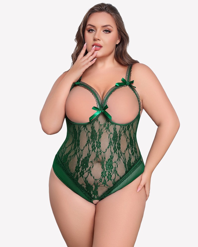 Green lace crotchless teddy with bow-trim balconette cups and mesh panels