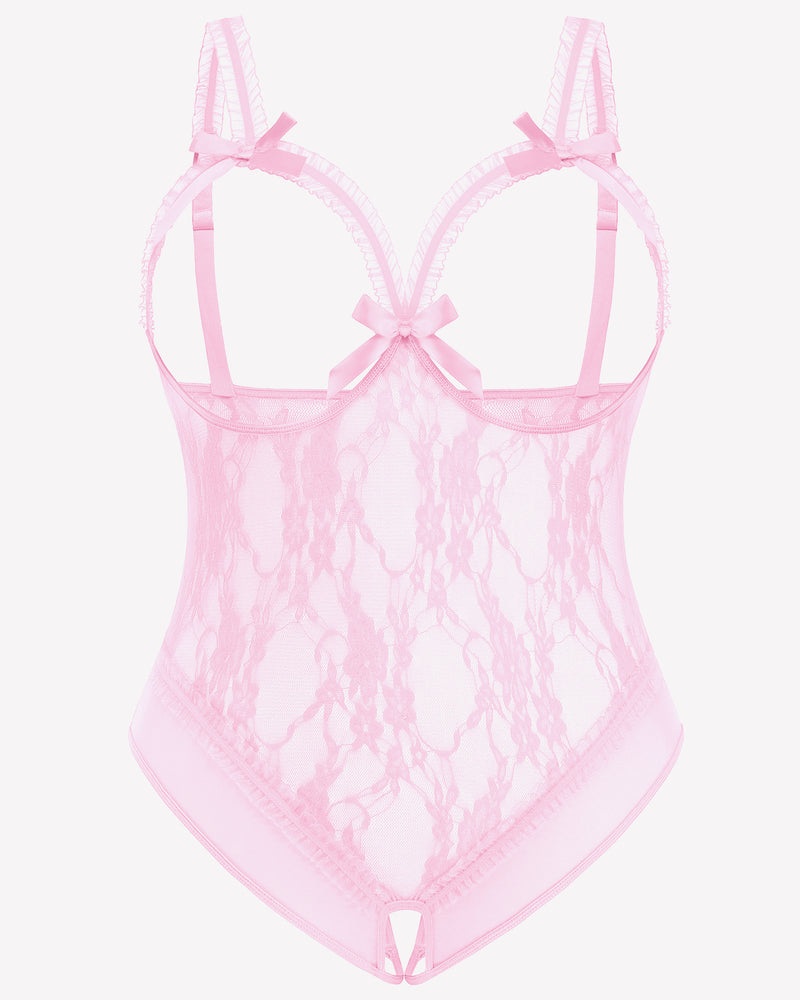 Pink lace crotchless teddy with bow straps and scalloped lace hem