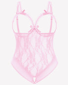Pink lace crotchless teddy with bow straps and scalloped lace hem