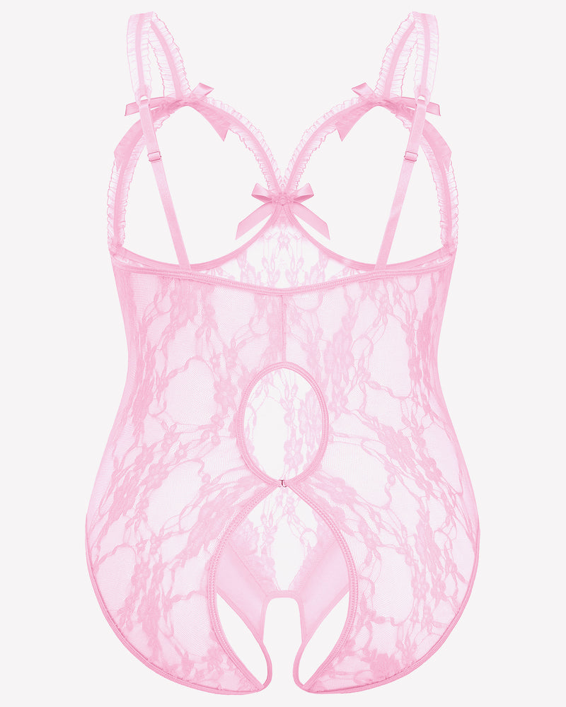 Pink lace crotchless teddy with scalloped cups, ribbon bow center, and oval crotch opening