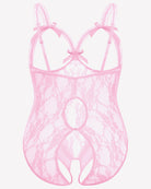 Pink lace crotchless teddy with scalloped cups, ribbon bow center, and oval crotch opening