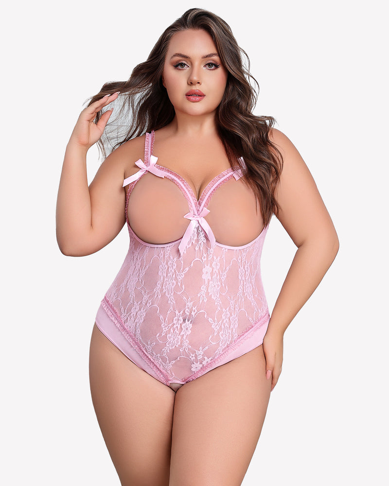 Pink lace crotchless teddy with bow-trim cups and floral lace mesh front