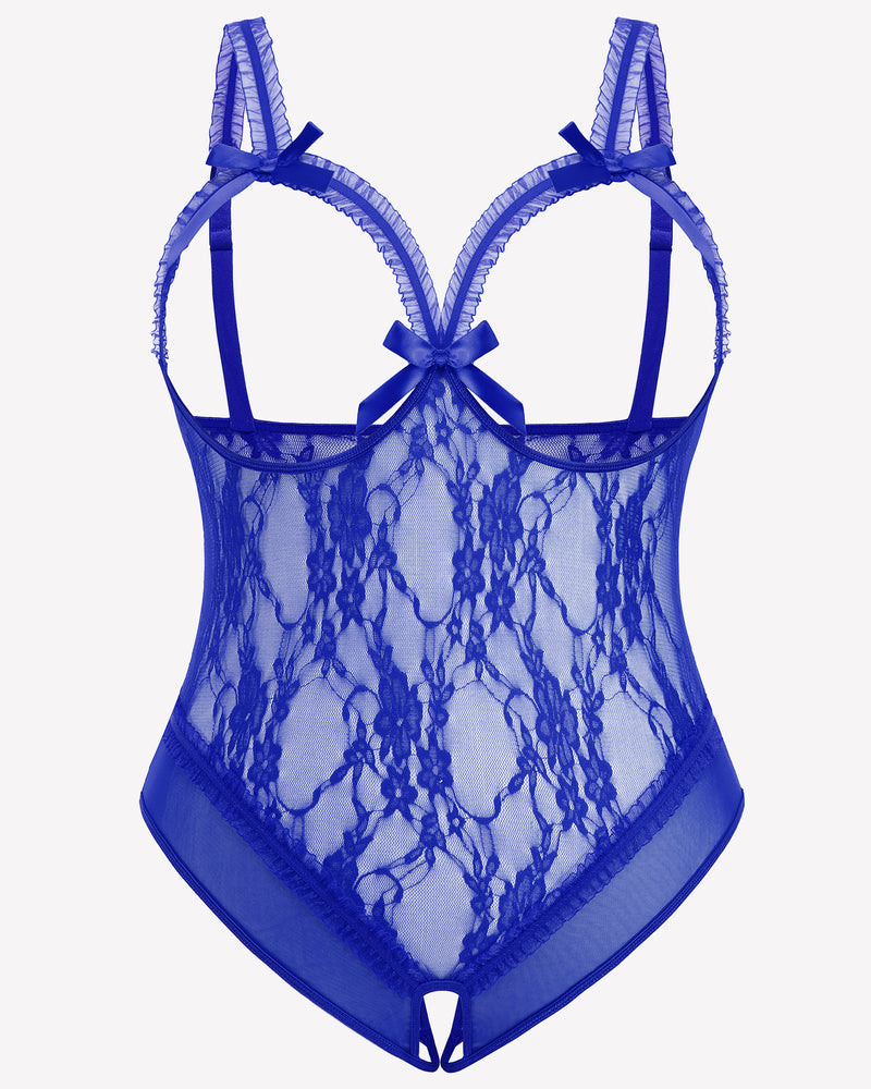Blue lace crotchless teddy with bow accents, underwire cups, sheer floral mesh