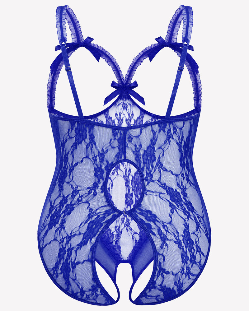 Blue lace crotchless teddy front with bow straps and central open crotch panel