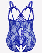 Blue lace crotchless teddy front with bow straps and central open crotch panel