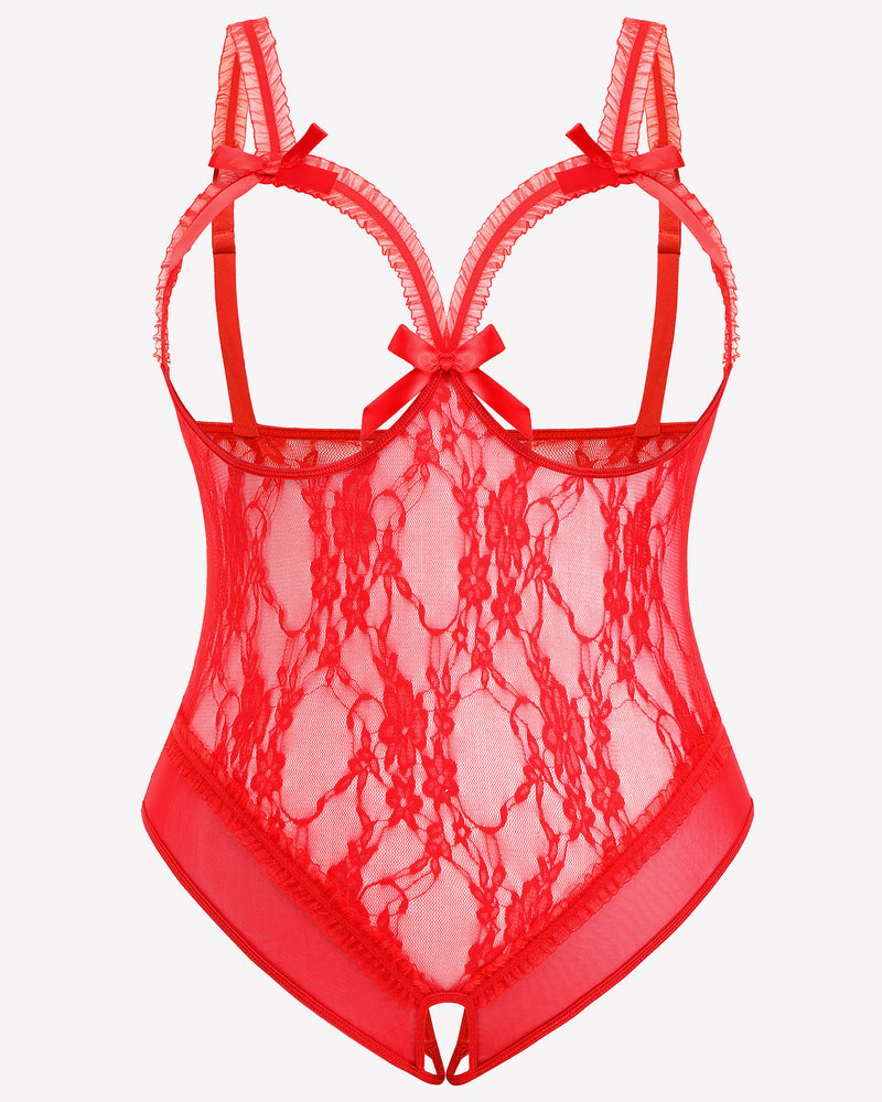 Red lace crotchless teddy flat lay with bow ties, underwire cups, open crotch