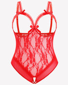 Red lace crotchless teddy flat lay with bow ties, underwire cups, open crotch