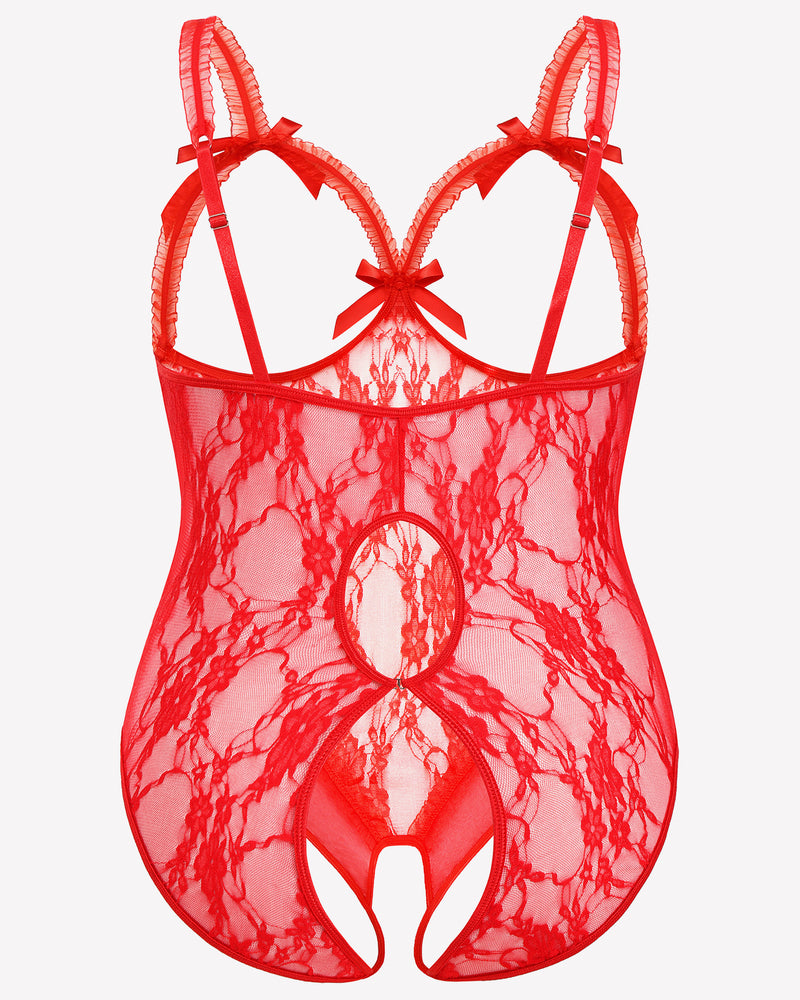 Red lace crotchless teddy front view with bow straps and central open crotch panel