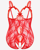 Red lace crotchless teddy front view with bow straps and central open crotch panel