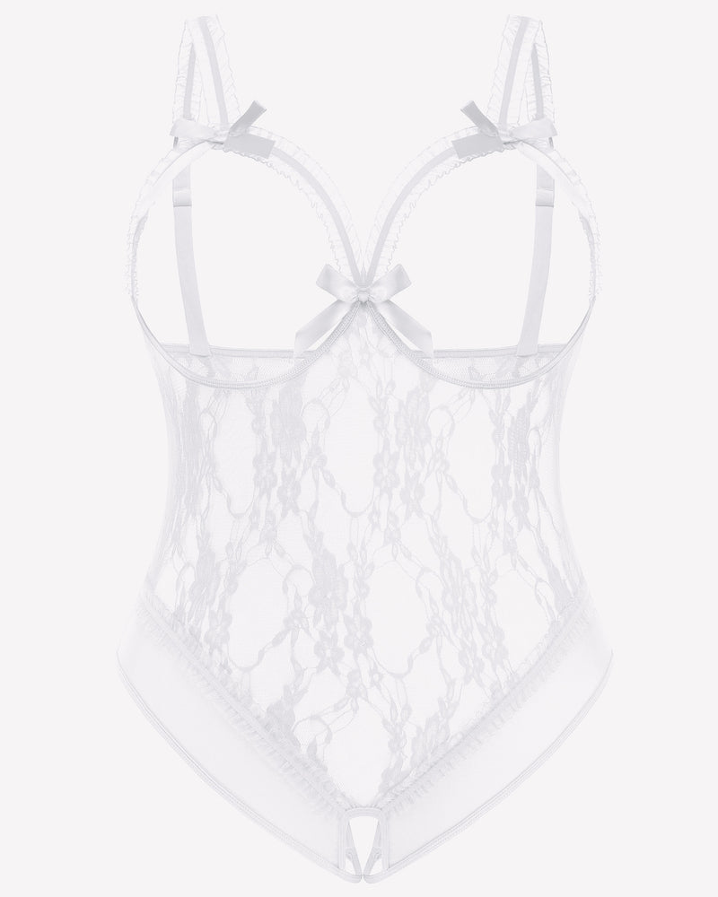 White lace crotchless teddy flat lay with bow ties, underwire cups, open crotch