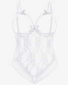White lace crotchless teddy flat lay with bow ties, underwire cups, open crotch