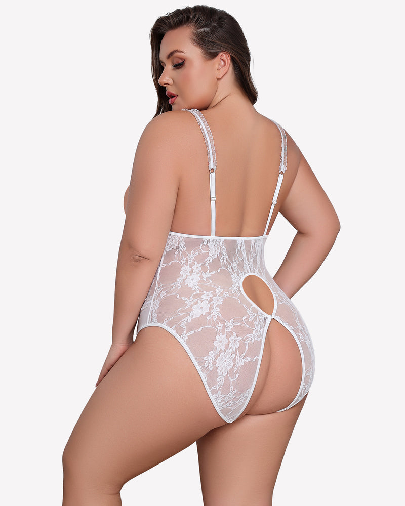 White lace crotchless teddy with ribbon straps, floral pattern, side cutout detail