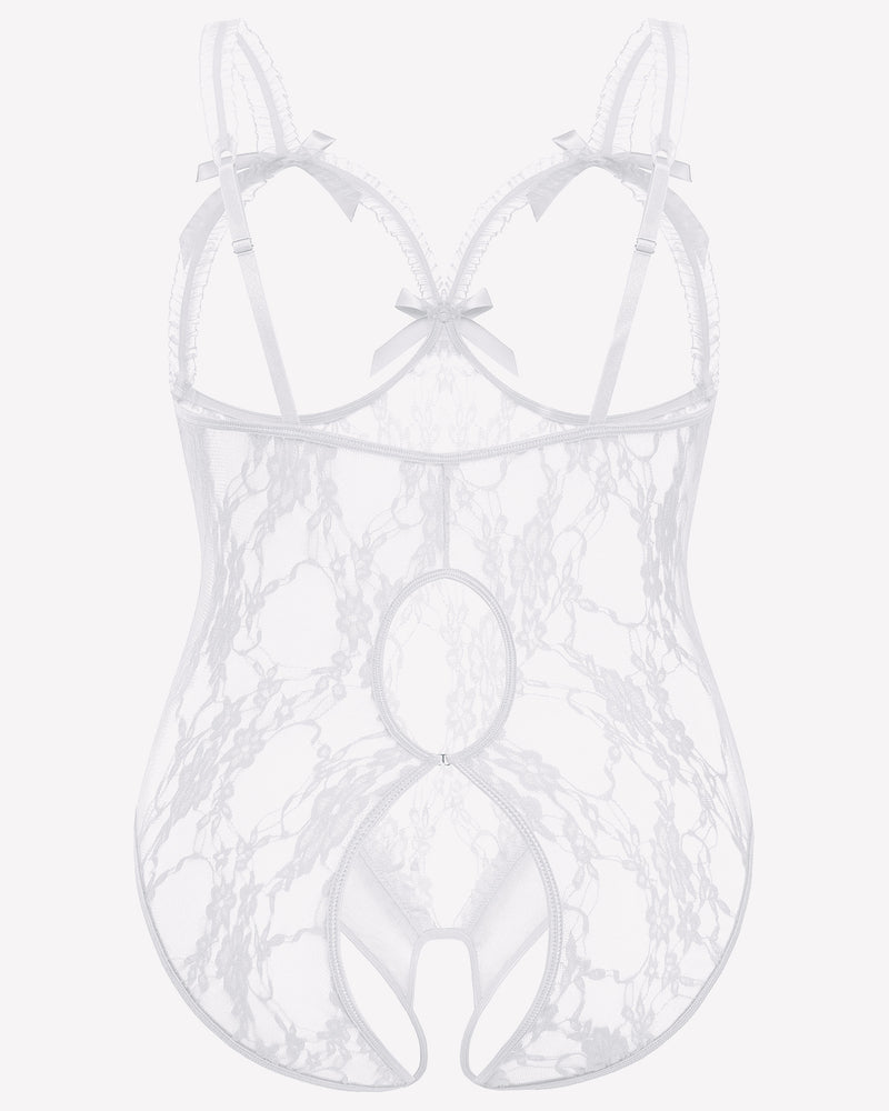 White lace crotchless teddy with underwire cups and bow-trim straps