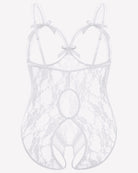 White lace crotchless teddy with underwire cups and bow-trim straps
