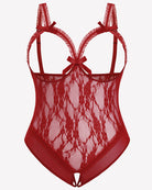 Wine red lace crotchless teddy with keyhole front cutout and bow garter straps