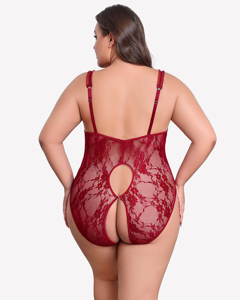 Wine red lace crotchless teddy with open back and adjustable shoulder straps