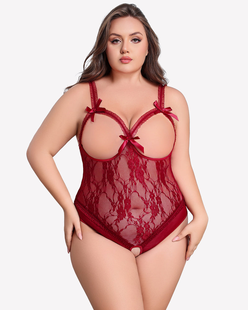 Wine red lace crotchless teddy with underwire cups and ribbon bow straps