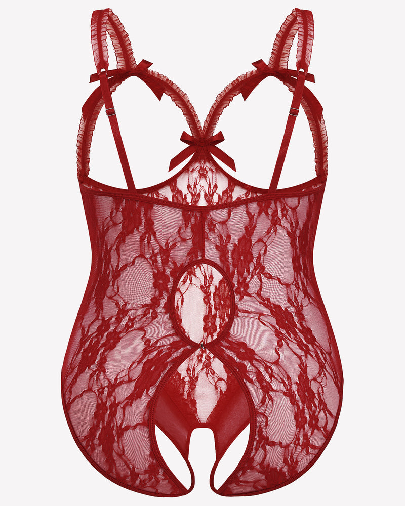Wine red lace crotchless teddy with scalloped edges and central keyhole cutout
