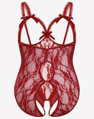 Wine red lace crotchless teddy with scalloped edges and central keyhole cutout