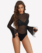 Black rhinestone bodysuit with sheer long sleeves and high neckline