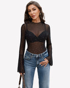 Black rhinestone sheer-sleeve bodysuit with long flared cuffs and fitted legs