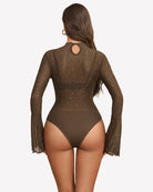 Brown rhinestone bodysuit with sheer long sleeves and flared cuffs