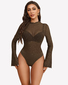 Brown rhinestone long-sleeve bodysuit with sheer sleeves and keyhole neckline