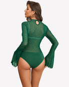 Green rhinestone bodysuit back view with keyhole cutout and flared sheer sleeves