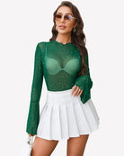 Green long sleeve rhinestone bodysuit with high neckline and flare sleeves.